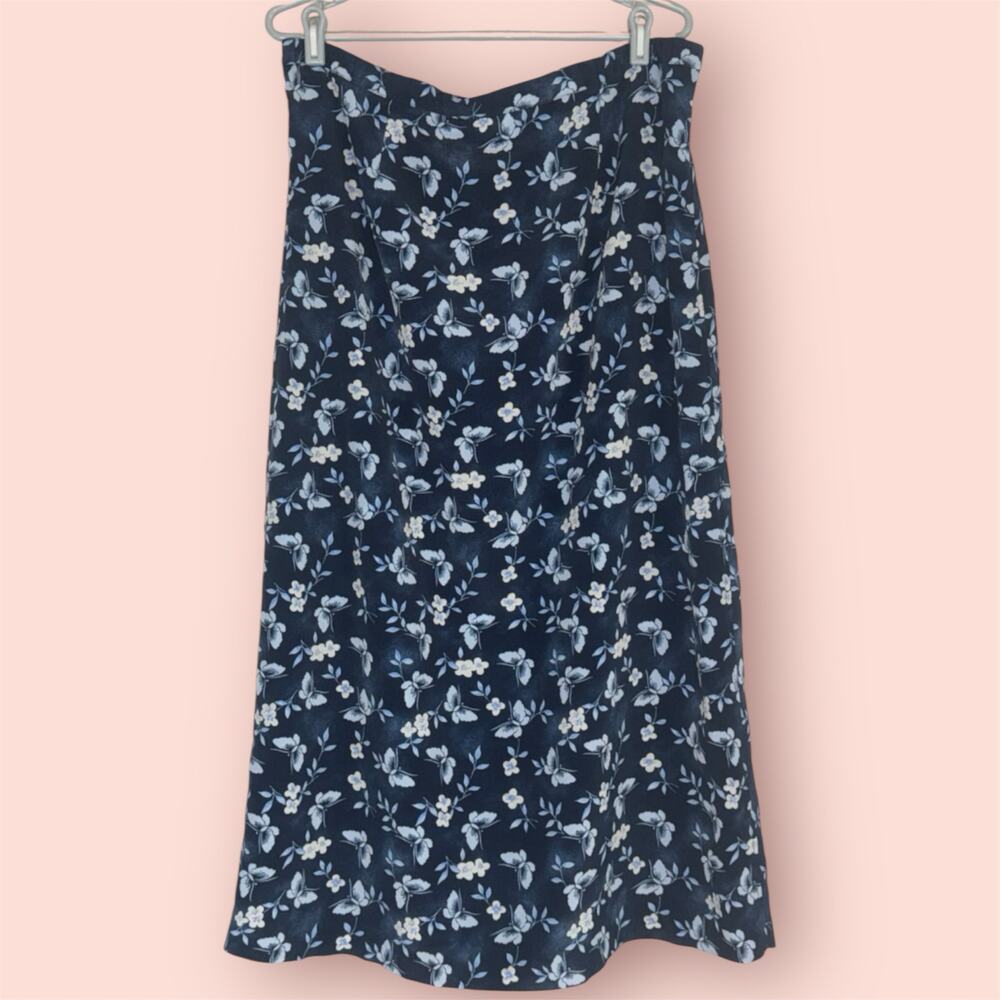 Y2K Navy Blue Butterfly Floral Print Midi Skirt Womens 12 All Over Print Vintage